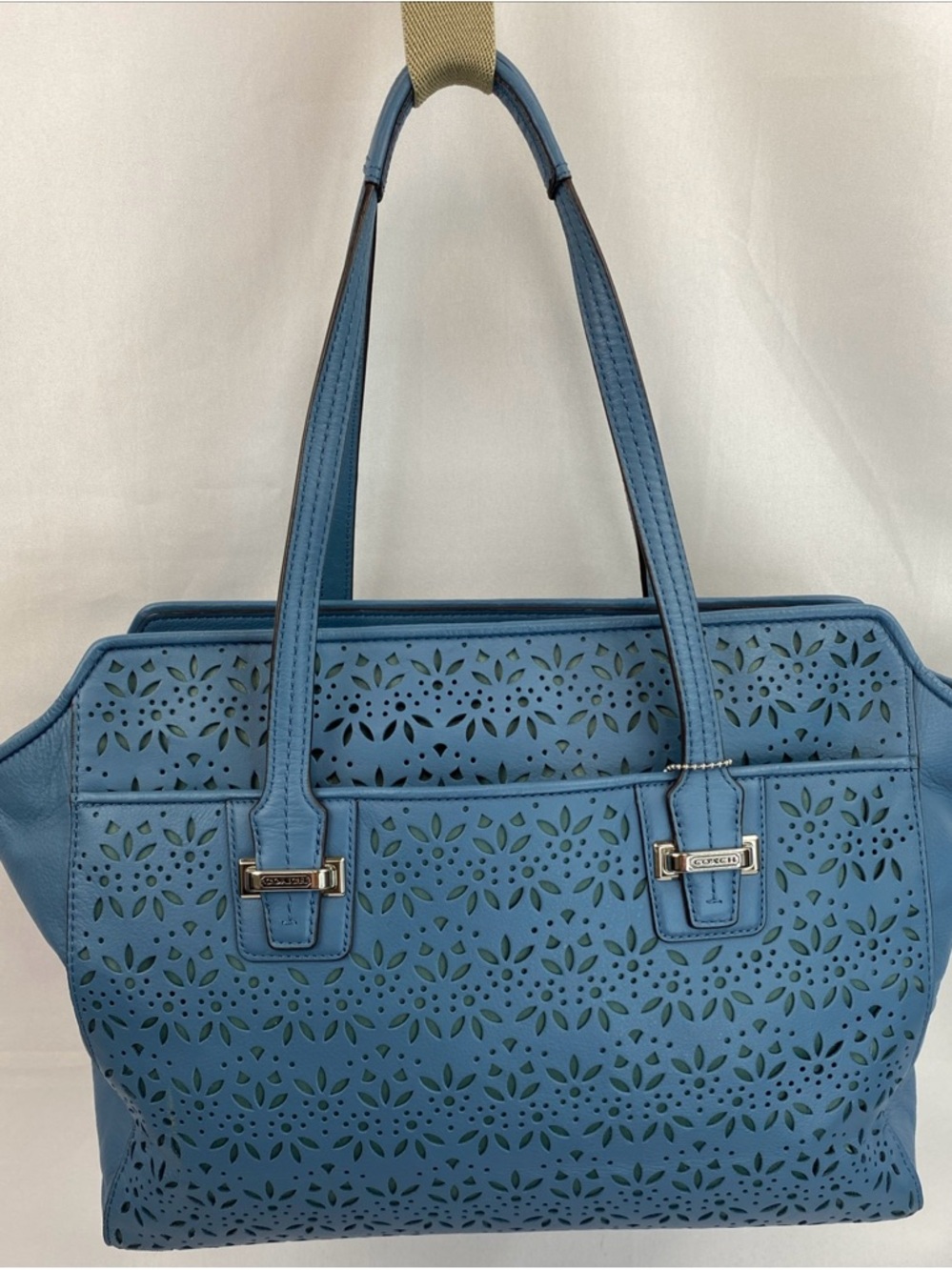 Coach Slate Blue Taylor Eyelet Leather 2 Handle Satchel F27391 Handbag Purse - Picture 2 of 15